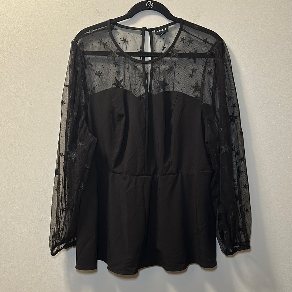 💛Torrid Women’s Black Peplum Mesh Glitter Star Sweetheart Neck Top Sz 3X NWOT